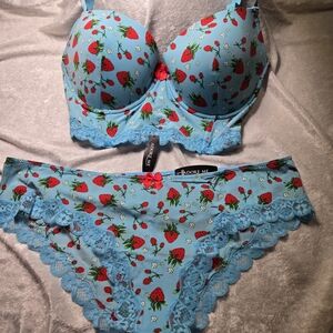 Adore Me Blue and Red Strawberry Lace Bra Set